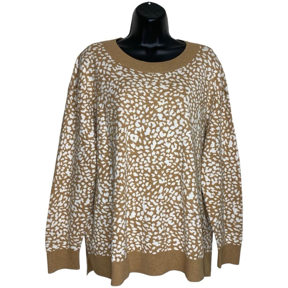 Lands End Sweater Womens XL Petite Tan Animal Print Long Sleeve Mob Wife Mature